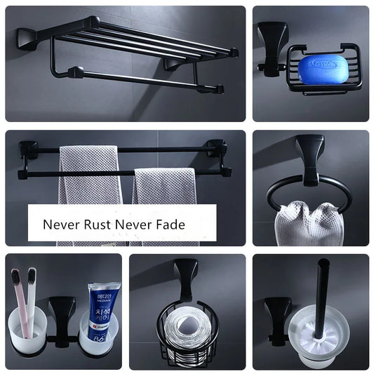DecorBites™ Aluminum Black Bathroom Hardware Set: Towel Holder, Paper Holder, Corner Shelf, Towel Rack, Toilet Brush Holder